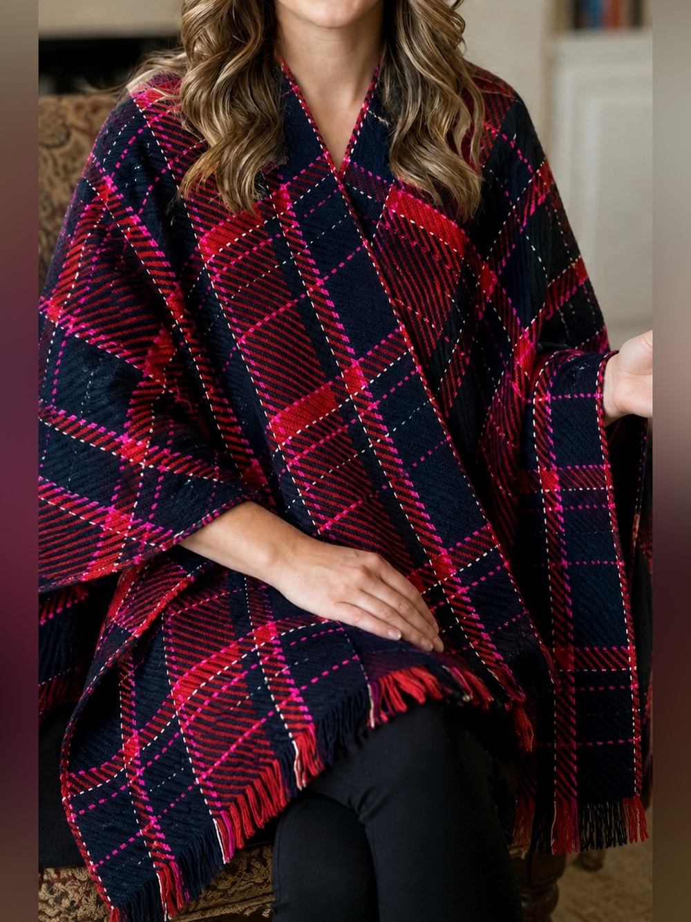 LOFT XS/S Plaid Poncho Wrap Navy Red Pink Fringe Open Front Ruana Cape Academia